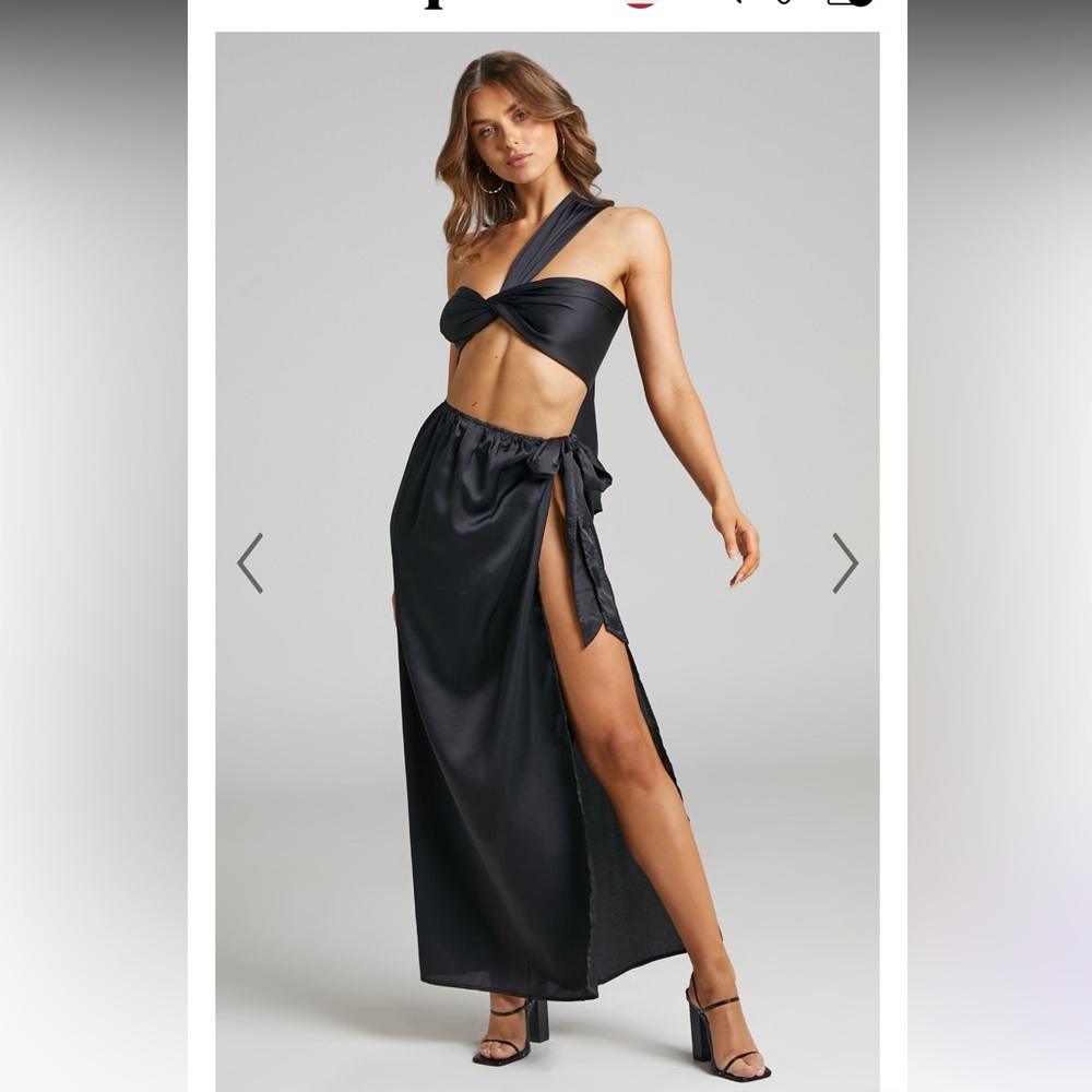 MAYJU TWO PIECE SET - SATIN LOOK BANDEAU AND MIDI SKIRT SET IN BLACK - Size 8